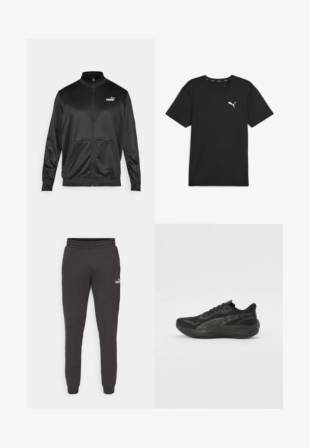 Zwarte jas met rits, gemaakt van een gladde, glanzende stof. Heeft een hoge kraag, twee voorzakken en een wit Puma-logo op de linkerborst.; Zwart sport t-shirt met korte mouwen van synthetische stof, met een wit Puma-logo op de bovenste linkerborst. Gladde textuur, ronde hals.; Donkergrijze sweatpants met een elastische tailleband, taps toelopende pijpen en een klein wit Puma-logo op de linker bovenbeen. Zacht katoenmix materiaal.; Zwarte sportieve schoen met een gestructureerde mesh bovenkant, platte veters en een gevoerde zool met subtiele reflecterende accenten.