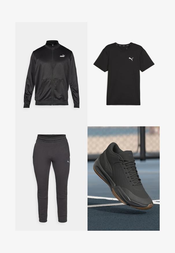 Zwarte jas met rits, gemaakt van een gladde, glanzende stof. Heeft een hoge kraag, twee voorzakken en een wit Puma-logo op de linkerborst.; Zwart sport t-shirt met korte mouwen van synthetische stof, met een wit Puma-logo op de bovenste linkerborst. Gladde textuur, ronde hals.; Donkergrijze sweatpants met een zachte textuur, taps toelopende pasvorm, elastische tailleband en een klein logo op de linkerdij. Geen zichtbare zakken.; Zwarte sportieve schoen met een glad synthetisch bovenwerk, gestructureerde accenten en een gumrubberen zool, ontworpen voor prestaties en comfort.