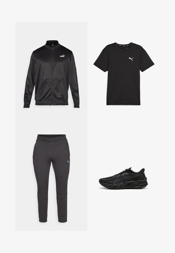 Zwarte jas met rits, gemaakt van een gladde, glanzende stof. Heeft een hoge kraag, twee voorzakken en een wit Puma-logo op de linkerborst.; Zwart sport t-shirt met korte mouwen van synthetische stof, met een wit Puma-logo op de bovenste linkerborst. Gladde textuur, ronde hals.; Donkergrijze sweatpants met een zachte textuur, taps toelopende pasvorm, elastische tailleband en een klein logo op de linkerdij. Geen zichtbare zakken.; Zwarte sportschoen met een gestructureerde bovenkant, gebogen zool en versterkte hiel. Voorzien van veters en een subtiel ontwerpelement aan de zijkant.