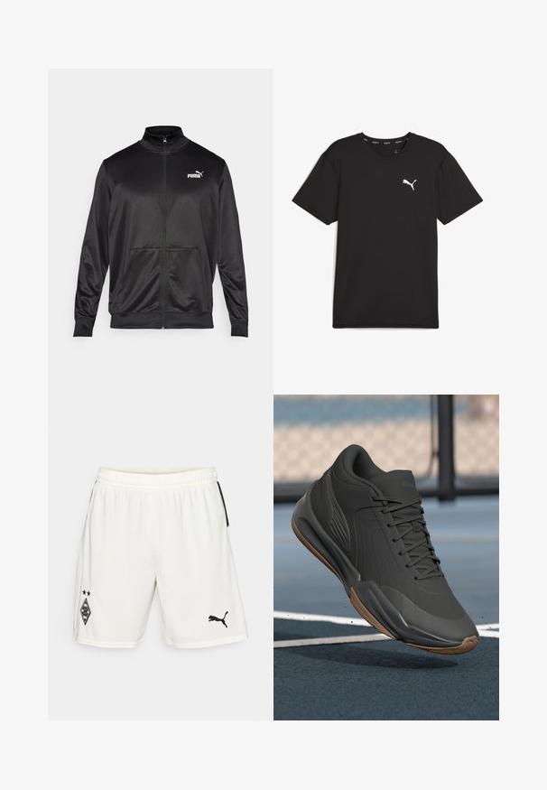 Chaqueta negra con cremallera hecha de un tejido liso y brillante. Presenta un cuello alto, dos bolsillos frontales y un logo blanco de Puma en el lado izquierdo del pecho.; Camiseta deportiva negra de manga corta hecha de tela sintética, con un logo blanco de Puma en la parte superior izquierda del pecho. Textura suave, cuello redondo.; Pantalones cortos deportivos blancos hechos de una tela ligera, con un logo negro en la pierna izquierda y acentos laterales negros. Incluyen una cinturilla elástica.; Zapatilla deportiva negra con parte superior de material sintético liso, acentos texturizados y suela de goma, diseñada para un rendimiento y comodidad óptimos.