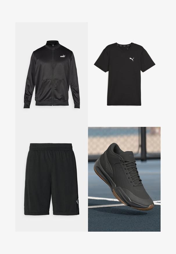 Zwarte jas met rits, gemaakt van een gladde, glanzende stof. Heeft een hoge kraag, twee voorzakken en een wit Puma-logo op de linkerborst.; Zwart sport t-shirt met korte mouwen van synthetische stof, met een wit Puma-logo op de bovenste linkerborst. Gladde textuur, ronde hals.; Zwarte sportshorts gemaakt van lichtgewicht materiaal, met een elastische tailleband en een wit logo op de rechteronderzijde.; Zwarte sportieve schoen met een glad synthetisch bovenwerk, gestructureerde accenten en een gumrubberen zool, ontworpen voor prestaties en comfort.