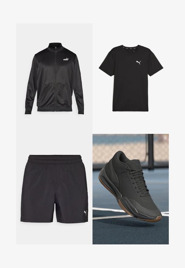 Chaqueta negra con cremallera hecha de un tejido liso y brillante. Presenta un cuello alto, dos bolsillos frontales y un logo blanco de Puma en el lado izquierdo del pecho.; Camiseta deportiva negra de manga corta hecha de tela sintética, con un logo blanco de Puma en la parte superior izquierda del pecho. Textura suave, cuello redondo.; Pantalones cortos deportivos negros con una cinturilla elástica, hechos de material liviano, con un pequeño logotipo blanco en el lado inferior.; Zapatilla deportiva negra con parte superior de material sintético liso, acentos texturizados y suela de goma, diseñada para un rendimiento y comodidad óptimos.