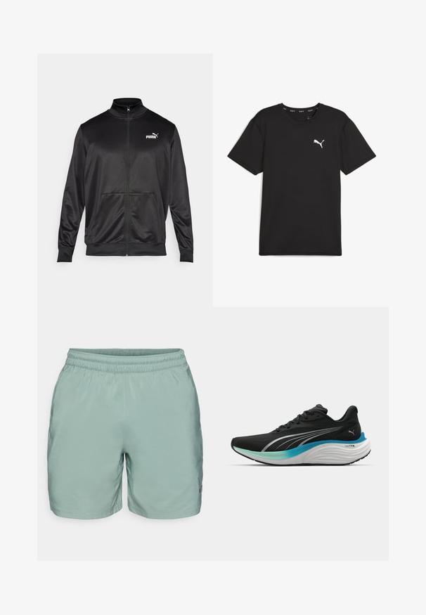 Juodas zip-up švarkas, pagamintas iš lygaus, blizgaus audinio. Turintis aukštą apykaklę, dvi priekinės kišenes ir baltą Puma logotipą kairiajame krūtinės kampe.; Juodas trumpomis rankovėmis sportinis marškinėliai, pagaminti iš sintetinio audinio, su baltu Puma logotipu viršutiniame kairiajame krūtinės kampe. Lygi tekstūra, su apvalia iškirpte.; Šviesiai žali sportiniai šortai su elastinga juosmena, lygi tekstūra ir siuvimo detalėmis. Šone yra mažas logotipas.; Juodas sportinis batelis su kvėpuojančiu viršumi, sidabro akcentais ir paminkštintu viduriu, kuriame yra mėlynnžalias gradientinis dizainas.