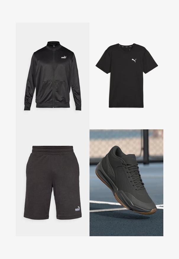 Mustat vetoketjulliset takit, jotka on valmistettu sileästä, kiiltävästä kankaasta. Ominaisuuksiin kuuluvat korkea kaulus, kaksi etutaskua ja valkoinen Puma-logo vasemmassa rinnassa.; Lyhythihainen musta urheilupaita, joka on valmistettu synteettisestä kankaasta. Vasemmassa ylärinnassa on valkoinen Puma-logo. Paidan pinta on sileä ja kaula-aukko on pyöreä.; Mustat urheiluhousut, joissa on joustava vyötärö, pehmeä pinta ja pieni valkoinen Puma-logo vasemmassa alareunassa.; Musta urheilujalkine, jossa on sileä synteettinen päällinen, tekstuuriset yksityiskohdat ja kuminen pohja, suunniteltu suorituskykyä ja mukavuutta varten.