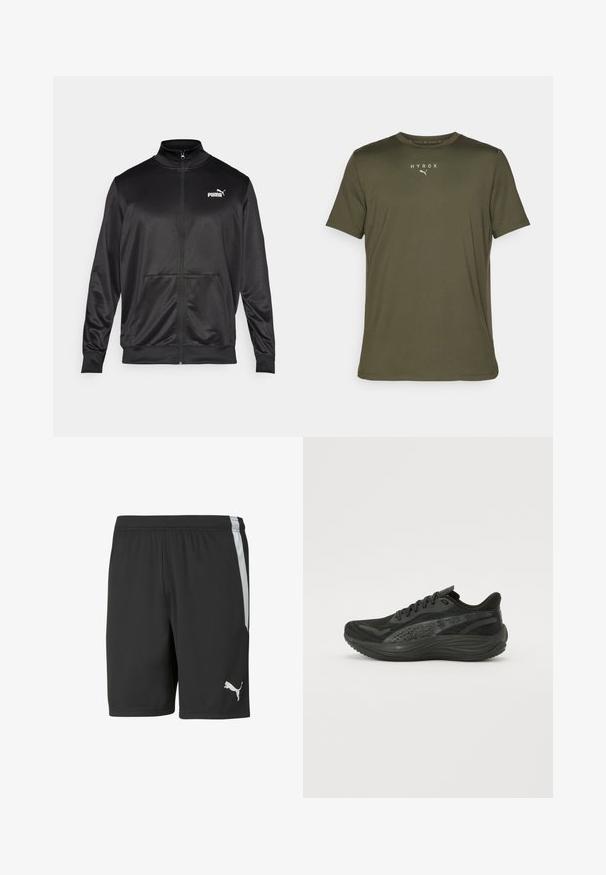 Schwarze Zip-Jacke aus glattem, glänzendem Stoff. Merkmale sind ein hoher Kragen, zwei Fronttaschen und ein weißes Puma-Logo auf der linken Brust.; Olivgrünes Sport-T-Shirt aus leichtem Material mit Rundhalsausschnitt und kurzen Ärmeln. "HYROX"-Logo und Puma-Emblem auf der Brust.; Schwarze sportliche Shorts aus leichtem Stoff, mit einem weißen Seitenstreifen und einem weißen Puma-Logo auf der unteren linken Vorderseite.; Schwarzer Sportschuh mit Obermaterial aus strukturiertem Mesh, flachen Schnürsenkeln und einer gepolsterten Sohle mit dezenten reflektierenden Akzenten.
