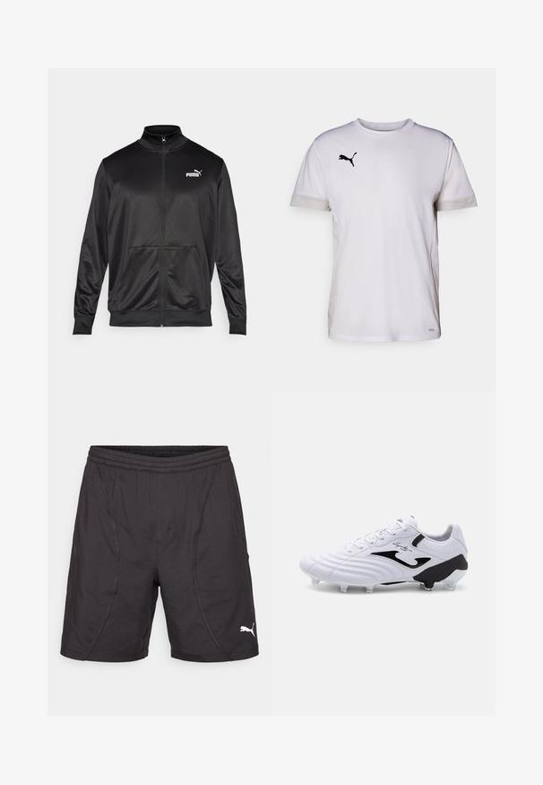 Schwarze Zip-Jacke aus glattem, glänzendem Stoff. Merkmale sind ein hoher Kragen, zwei Fronttaschen und ein weißes Puma-Logo auf der linken Brust.; Weißes kurzärmeliges Sportshirt mit Rundhalsausschnitt, ausgestattet mit atmungsaktiven Netzdetails an den Seiten und einem schwarzen Puma-Logo auf der Brust.; Schwarze Sportshorts aus Synthetikmaterial, mit elastischem Bund, Seitennähten und einem weißen Puma-Logo unten rechts.; Weißer Fußballschuh mit texturiertem Synthetik-Obermaterial, schwarzen Akzenten, Schnürverschluss und sechs klaren Stollen auf einer schwarzen Sohle für Traktion.