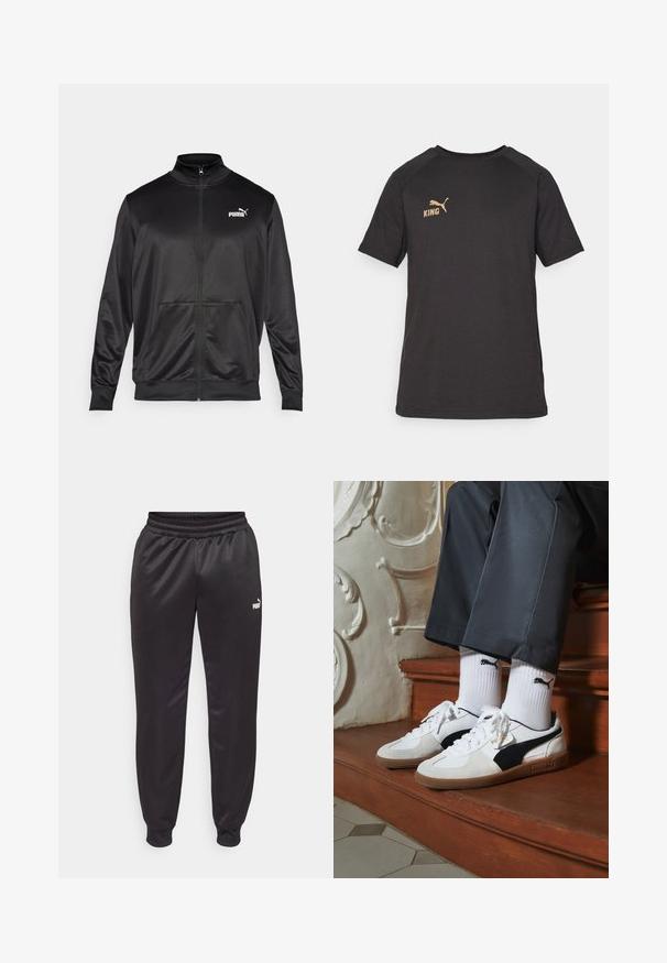 Black zip-up jacket made of smooth, shiny fabric. Features a high collar, two front pockets, and a white Puma logo on the left chest.; Black short-sleeve t-shirt made of soft fabric. Features a gold "KING" logo and a gold Puma logo on the left chest area.; Black sports pants with elastic waistband, tapered legs, and cuffed hems. Features a small white logo on the left side. Smooth, shiny fabric texture.; Puma sneakers in white and black suede, featuring a brown rubber sole. Paired with white socks displaying a black logo, worn with dark pants.