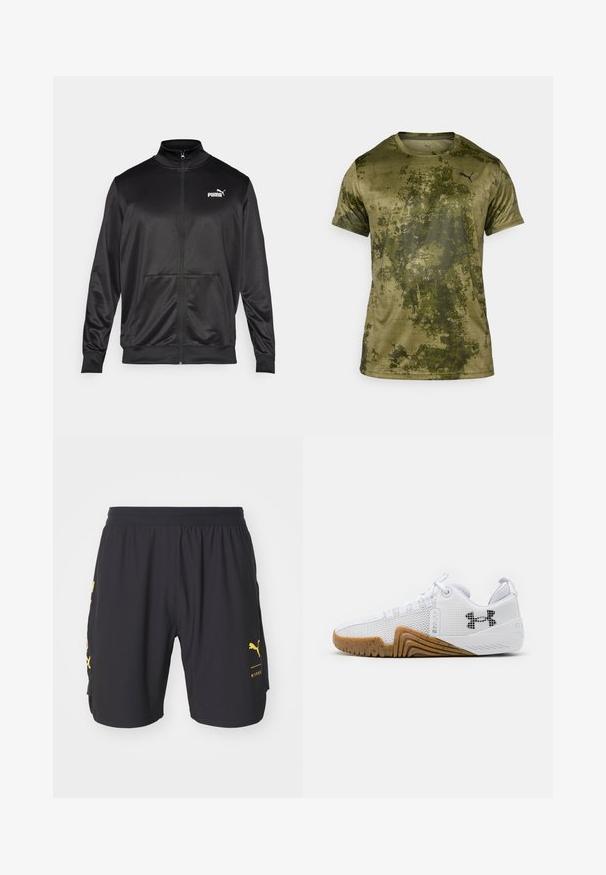 Jachetă neagră cu fermoar, made dintr-un material neted, lucios. Dispune de un guler înalt, două buzunare frontale și un logo alb Puma pe pieptul stâng.; Camisetă sport cu mânecă scurtă în culoarea verde măsliniu, cu un finisaj texturat și cu un model. Prezintă un mic logo negru pe partea superioară stângă a pieptului.; Pantaloni scurți sport negri, confecționați dintr-un material ușor, cu logo-uri imprimate galbene pe față și pe lateral, având un umăr elastic pentru confort.; Pantofi sport albi cu o uppers din plasă, talpă din cauciuc de culoare caramel, accente texturate și un logo negru pe lateral.