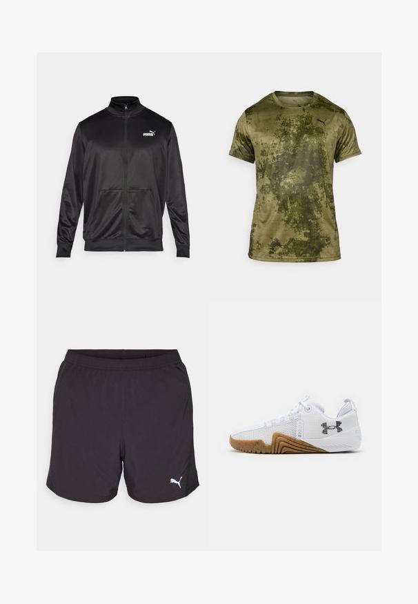 Black zip-up jacket made of smooth, shiny fabric. Features a high collar, two front pockets, and a white Puma logo on the left chest.; Short-sleeve athletic shirt in olive green with a textured, patterned finish. Features a small black logo on the upper left chest.; Black athletic shorts made of lightweight fabric, featuring an elastic waistband and a small white Puma logo on the left side.; White athletic shoes featuring a mesh upper, rubber outsole with a gum color, textured accents, and a black logo on the side.