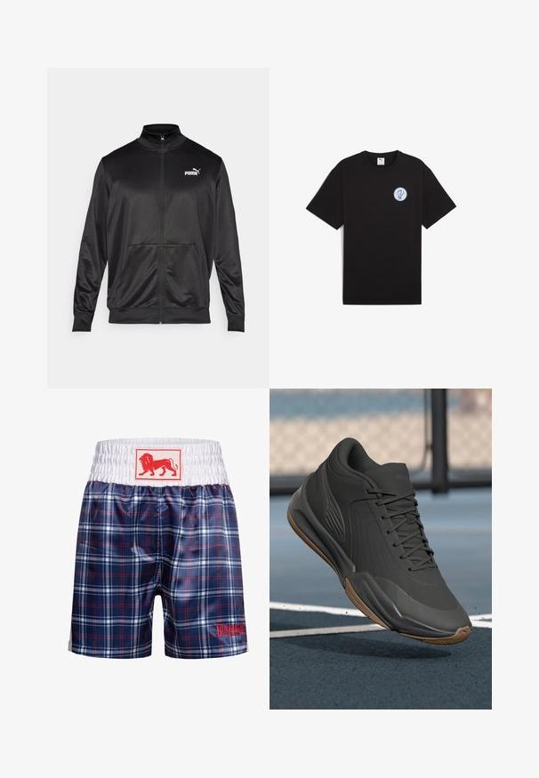 Juodas zip-up švarkas, pagamintas iš lygaus, blizgaus audinio. Turintis aukštą apykaklę, dvi priekinės kišenes ir baltą Puma logotipą kairiajame krūtinės kampe.; Juoda medvilnė T-shirt su trumpomis rankovėmis, apvaliu kaklu ir apvaliu mėlynu logotipu kairėje krūtinės srityje. Lygus tekstūra ir kasdieniškas fasonas.; Mėlyni langeliais maudymosi šortai su balta elastinga juosme ir raudonu liūto logotipu. Turi raudonai baltą languotą raštą sportiškam įvaizdžiui.; Juodas sportinis batelis su lygiu sintetine viršutine dalimi, tekstūruotais akcentais ir guma padanga, skirtas našumui ir komfortui.