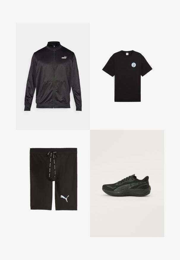 Chaqueta negra con cremallera hecha de un tejido liso y brillante. Presenta un cuello alto, dos bolsillos frontales y un logo blanco de Puma en el lado izquierdo del pecho.; Camiseta de algodón negra con mangas cortas, cuello redondo y un logo azul redondo en el área izquierda del pecho. Textura suave y corte casual.; Pantalones cortos deportivos negros hechos de un tejido suave con una cinturilla de malla. Presenta un cordón y un logo blanco de Puma en el lado izquierdo.; Zapatilla deportiva negra con parte superior de malla texturizada, cordones planos y una suela acolchada con sutiles acentos reflectantes.