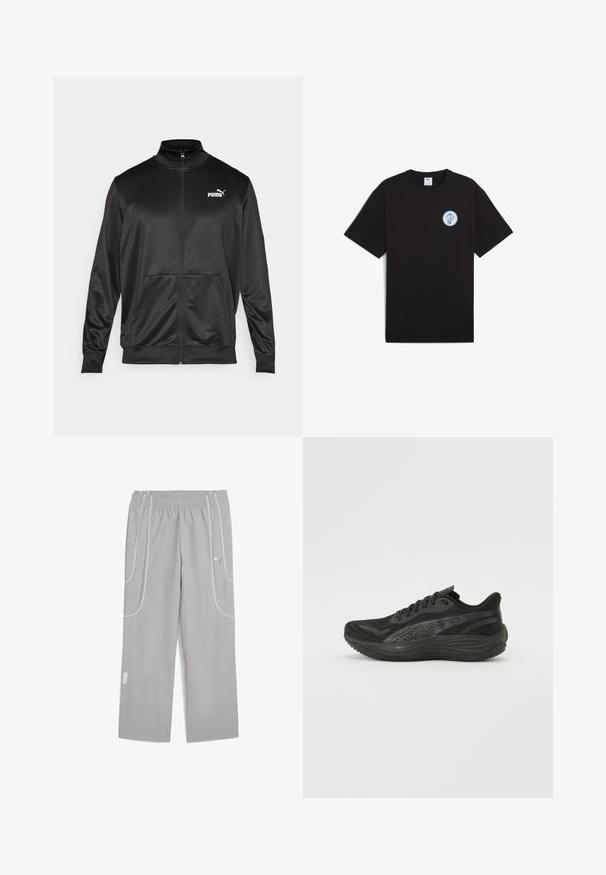 Mustat vetoketjulliset takit, jotka on valmistettu sileästä, kiiltävästä kankaasta. Ominaisuuksiin kuuluvat korkea kaulus, kaksi etutaskua ja valkoinen Puma-logo vasemmassa rinnassa.; Musta puuvillapaita lyhyillä hihoilla, pyöreällä kaula-aukolla ja pyöreällä sinisellä logolla vasemmassa rintaliuskassa. Suora pinta ja rento istuvuus.; Vaaleanharmaat joustovyötäröiset urheiluhausut, joissa on valkoiset pipingsivut ja Puma-logo yläreidessä. Rento malli ja suorat lahkeet.; Musta urheilujalkine, jossa on teksturoitu verkkopintainen yläosa, tasaiset nauhat ja pehmustettu pohja, jossa on hienovaraisia heijastavia yksityiskohtia.