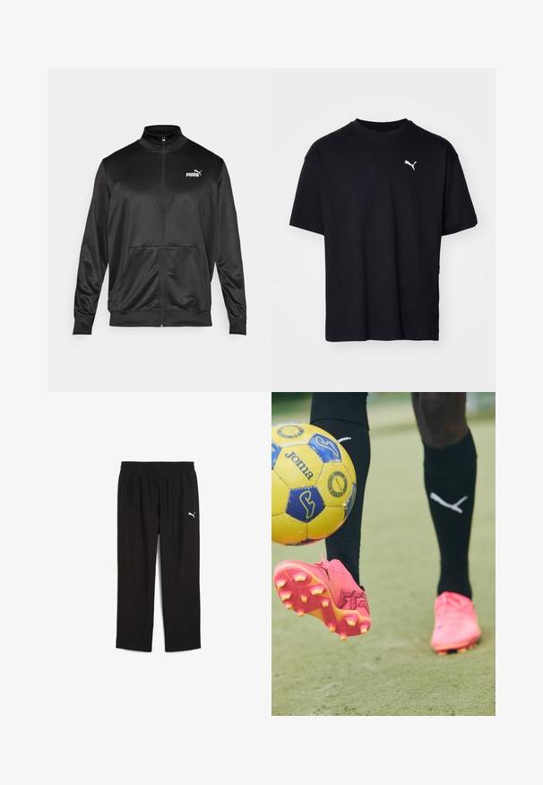 Jachetă neagră cu fermoar, made dintr-un material neted, lucios. Dispune de un guler înalt, două buzunare frontale și un logo alb Puma pe pieptul stâng.; Tricou negru din bumbac cu mâneci scurte, decolteu rotund și un logo alb Puma pe partea din stânga sus a pieptului. Croială clasică, textură netedă.; Pantaloni sport negri cu talie elastică, din material ușor. Prezintă un mic logo alb Puma pe partea stângă.; Tăietor de fotbal roz cu suprafață texturată și crampoane proeminente, detaliu de logo reliefat, poziționat deasupra unei mingi galbene pe gazon verde.