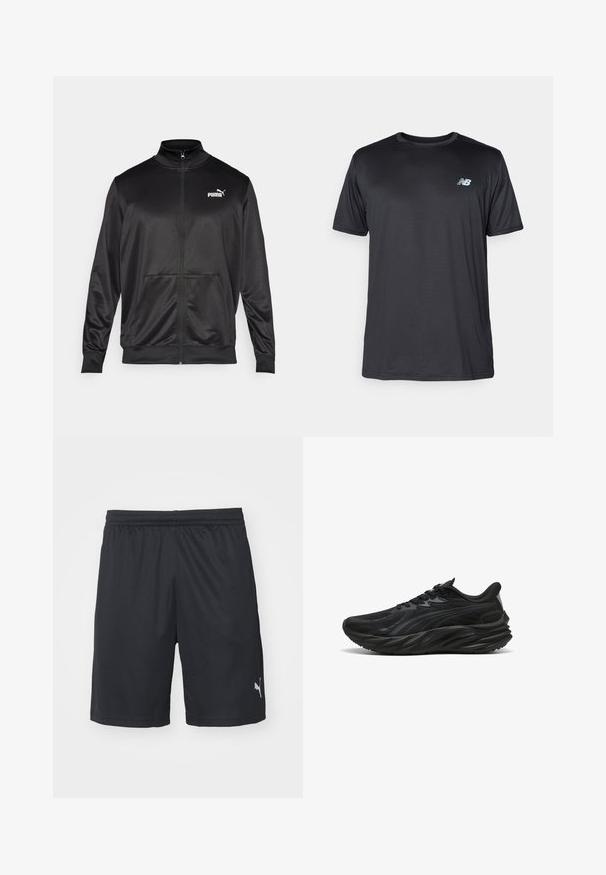 Črna jakna na zadrgo iz gladkega, sijočega materiala. Ima visok ovratnik, dva sprednja žepa in belo Puma logotip na levem prsnem delu.; New Balance Športne majice - black; Puma INDIVIDUALLIGA TRAINING SHORTS OPEN POCKETS - Športne kratke hlače - black/fizzy apple; Črna športna obutev z teksturiranim zgornjim delom, ukrivljenim podplatom in ojačanim petnim delom. Ima vezalke in nežen stranski oblikovni element.