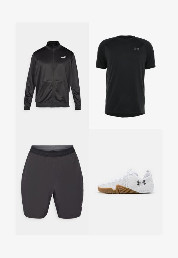 Melnā ar rāvējslēdzēju aizdaram veste, izgatavota no gludas, spīdīgas auduma. Tam ir augsta apkakle, divas priekšējās kabatas un balts Puma logotips kreisajā krūtī.; Melnas īsām piedurknēm sporta krekls, izgatavots no gludas, vieglas auduma. Iespējamā apaļa apkakle un discrētu logo uz krūšu.; Pelēki sporta šorti, kas izgatavoti no viegla auduma. Iekļauj elastīgu jostasvietu, sānu kabatas un gludu tekstūru. Nav redzamu rakstu.; Balti sporta apavi ar sietu augšdaļu, gumijas zoli ar gumijas krāsu, teksturētām akcentiem un melnu logo sānos.