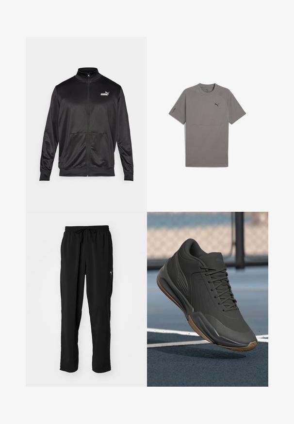 Chaqueta negra con cremallera hecha de un tejido liso y brillante. Presenta un cuello alto, dos bolsillos frontales y un logo blanco de Puma en el lado izquierdo del pecho.; Camiseta gris de manga corta hecha de tejido suave, con un escote redondeado, mangas raglán y un pequeño logo negro de Puma en el pecho.; Pantalones deportivos negros hechos de una tela ligera y suave, con cintura elástica, cordón ajustable y detalles de logo en el lateral.; Zapatilla deportiva negra con parte superior de material sintético liso, acentos texturizados y suela de goma, diseñada para un rendimiento y comodidad óptimos.