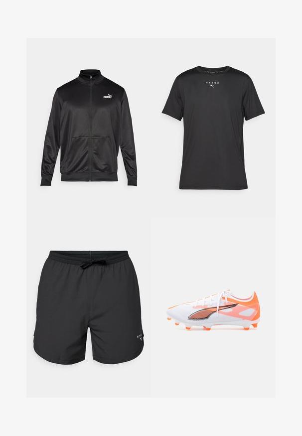 Black zip-up jacket made of smooth, shiny fabric. Features a high collar, two front pockets, and a white Puma logo on the left chest.; Black short-sleeve sports t-shirt made of lightweight fabric. Features a crew neck and printed "HYROX" logo with a Puma emblem on the front.; Black swim shorts with an elastic waistband and drawstring. Lightweight fabric with side pockets. Features a small logo on the hem.; White soccer cleat with orange accents, featuring a textured surface, laces, and a distinctive black logo design. Studded outsole for traction.