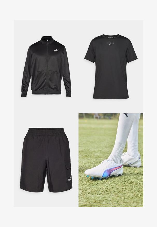Giacca nera con zip realizzata in tessuto liscio e lucido. Presenta un colletto alto, due tasche frontali e un logo Puma bianco sul lato sinistro del petto.; T-shirt sportivo nero a maniche corte realizzato in tessuto leggero. Caratterizzato da un colletto a girocollo e dal logo stampato "HYROX" con il simbolo Puma sul davanti.; Pantaloni cargo neri con cintura elasticizzata, tasche laterali e logo Puma bianco sulla gamba sinistra. Realizzati in tessuto leggero.; Scarpe da calcio bianche con una striscia sfumata viola-blu, caratterizzate da un design elegante, una tomaia testurizzata e tacchetti blu a contrasto su erba.