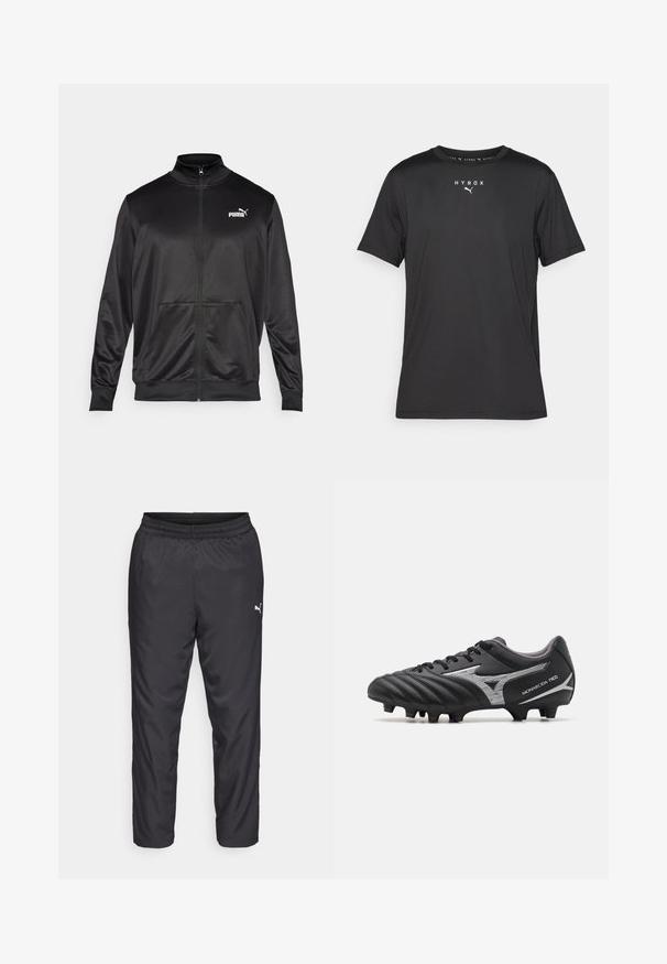 Giacca nera con zip realizzata in tessuto liscio e lucido. Presenta un colletto alto, due tasche frontali e un logo Puma bianco sul lato sinistro del petto.; T-shirt sportivo nero a maniche corte realizzato in tessuto leggero. Caratterizzato da un colletto a girocollo e dal logo stampato "HYROX" con il simbolo Puma sul davanti.; Pantaloni sportivi neri realizzati in materiale liscio e leggero. Presentano un elastico in vita e un piccolo logo bianco sul lato sinistro.; Scarpini da calcio neri con tomaia sintetica testurizzata, accenti argento e design con lacci. Presentano una suola stampata con tacchetti visibili per una migliore trazione.