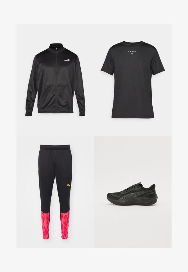 Zwarte jas met rits, gemaakt van een gladde, glanzende stof. Heeft een hoge kraag, twee voorzakken en een wit Puma-logo op de linkerborst.; Zwarte sport t-shirt met korte mouwen van lichtgewicht stof. Heeft een ronde hals en gedrukt "HYROX" logo met een Puma-embleem aan de voorkant.; Zwarte atletische broek met een gemeleerde afwerking, voorzien van roze geometrische patronen op de onderbenen en een gele logo aan de zijkant.; Zwarte sportieve schoen met een gestructureerde mesh bovenkant, platte veters en een gevoerde zool met subtiele reflecterende accenten.