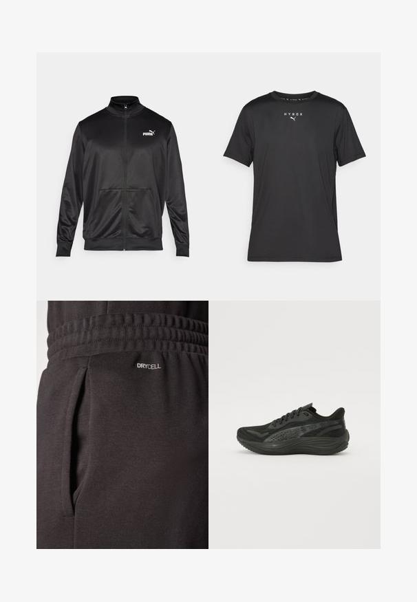 Schwarze Zip-Jacke aus glattem, glänzendem Stoff. Merkmale sind ein hoher Kragen, zwei Fronttaschen und ein weißes Puma-Logo auf der linken Brust.; Schwarz kurzes Sport-T-Shirt aus leichtem Stoff. Mit Rundhalsausschnitt und bedrucktem "HYROX"-Logo sowie Puma-Emblem auf der Vorderseite.; Schwarze Sporttights aus strukturiertem Stoff verfügen über einen elastischen Bund, Seitentaschen und ein „DRYCELL“-Label in der Nähe der Tasche.; Schwarzer Sportschuh mit Obermaterial aus strukturiertem Mesh, flachen Schnürsenkeln und einer gepolsterten Sohle mit dezenten reflektierenden Akzenten.