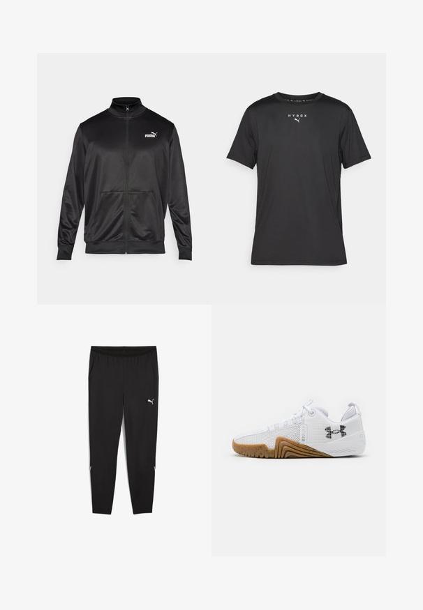 Čierna zipsová bunda vyrobená z hladkej, lesklej textílie. Má vysoký golier, dve predné vrecká a biele logo Puma na ľavej hrudi.; Čierne športové tričko s krátkym rukávom z ľahkého materiálu. Obsahuje okrúhly výstrih a potlačené logo "HYROX" spolu s emblémom Puma na prednej strane.; Čierne športové nohavice s elastickým pásom, bočnými vreckami a bielymi akcentmi loga. Vyznačujú sa úzkym strihom a zúženými nohavicami.; Biele atletické topánky s priedušným zvrškom, gumenou podrážkou v gumovej farbe, textúrovanými akcentmi a čiernym logom na boku.
