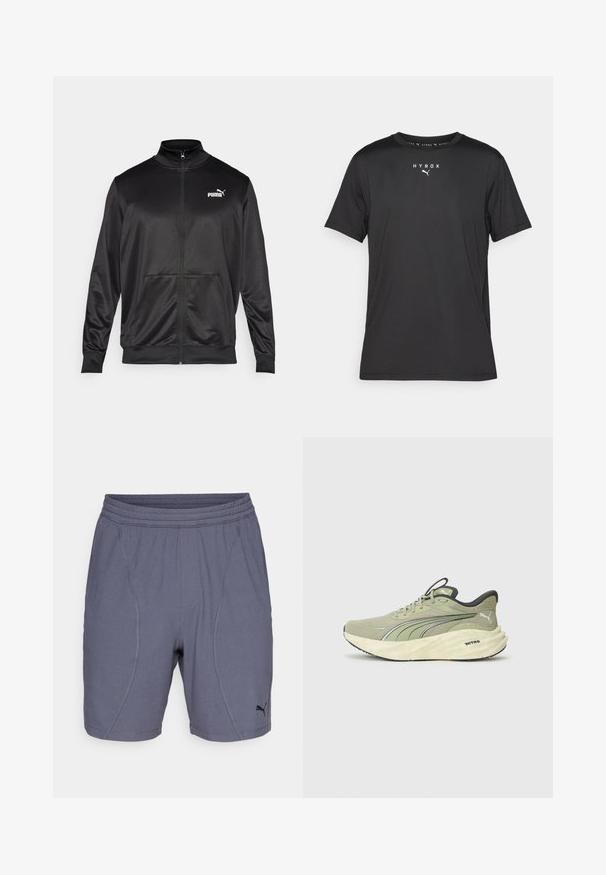 Schwarze Zip-Jacke aus glattem, glänzendem Stoff. Merkmale sind ein hoher Kragen, zwei Fronttaschen und ein weißes Puma-Logo auf der linken Brust.; Schwarz kurzes Sport-T-Shirt aus leichtem Stoff. Mit Rundhalsausschnitt und bedrucktem "HYROX"-Logo sowie Puma-Emblem auf der Vorderseite.; Graue Sportshorts aus leichtem Stoff, mit glatter Textur, elastischem Bund und schwarzem Puma-Logo auf der unteren linken Seite.; Hellgrüne Laufschuhe mit strukturiertem Mesh-Obermaterial, reflektierenden Akzenten, dickem gepolstertem Sohle und schwarzen Details an Ferse und Laufsohle.