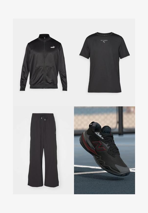 Melnā ar rāvējslēdzēju aizdaram veste, izgatavota no gludas, spīdīgas auduma. Tam ir augsta apkakle, divas priekšējās kabatas un balts Puma logotips kreisajā krūtī.; Melnas īsām piedurknēm sporta T-krekls, kas izgatavots no viegla auduma. Iezīmēts ar apaļu kakla izgriezumu un uzdrukātu "HYROX" logo ar Puma simbolu priekšpusē.; Melni platajā kājām sporta bikses ar elastīgu jostu un auklu. Roku izstrādātas balta sānu svītra un divas sānu kabatas. Gluda tekstūra.; Melnas sporta kedas ar teksturētu augšdaļu, sarkaniem akcentiem un gumijas zoli. Iezīmējas ar zemu profilu un pastiprinātu pirkstu daļu.