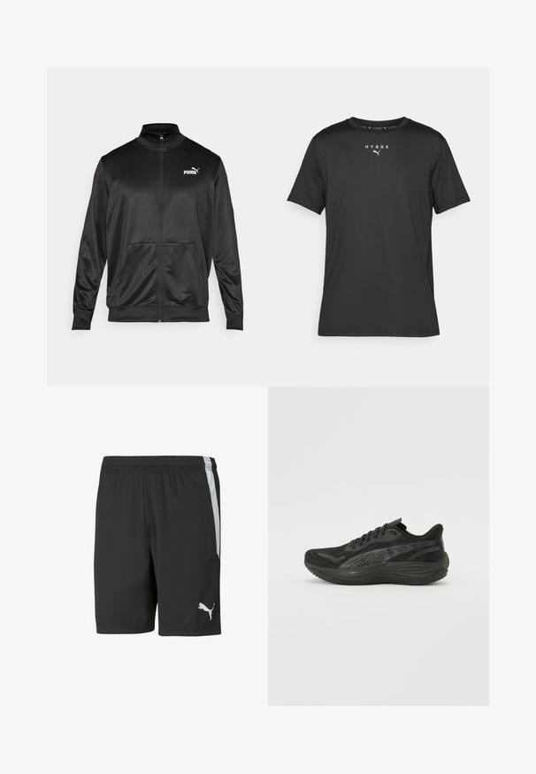 Svart zip-up jacka i slät, glänsande tyg. Har hög krage, två framfickor och en vit Puma-logotyp på vänster bröst.; Svart sportt-shirt med korta ärmar gjord av lättviktigt material. Har rundad halsringning och tryckt "HYROX"-logotyp med Puma-emblem på framsidan.; Svarta träningsshorts i lättviktig tyg, med ett vitt sidstreck och en vit Puma-logotyp på nedre vänstra framsidan.; Svart atletisk sko med en texturerad mesh-övre del, platta snörningar och en dämpad sula med subtila reflektiva detaljer.