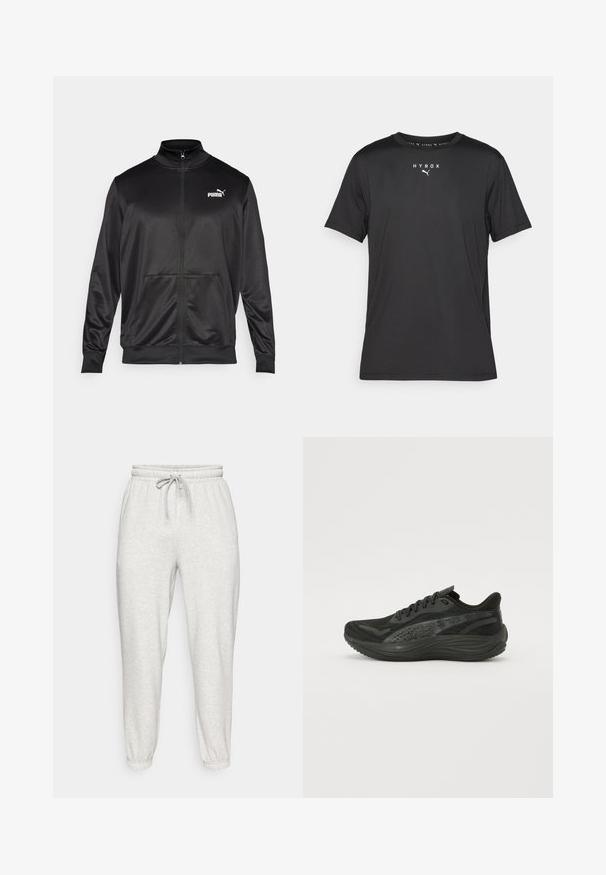 Zwarte jas met rits, gemaakt van een gladde, glanzende stof. Heeft een hoge kraag, twee voorzakken en een wit Puma-logo op de linkerborst.; Zwarte sport t-shirt met korte mouwen van lichtgewicht stof. Heeft een ronde hals en gedrukt "HYROX" logo met een Puma-embleem aan de voorkant.; Lichtgrijze sweatpants met een elastische tailleband, trekkoord en taps toelopende boorden. Gemaakt van zachte, gestructureerde stof. Geen zichtbare patronen.; Zwarte sportieve schoen met een gestructureerde mesh bovenkant, platte veters en een gevoerde zool met subtiele reflecterende accenten.