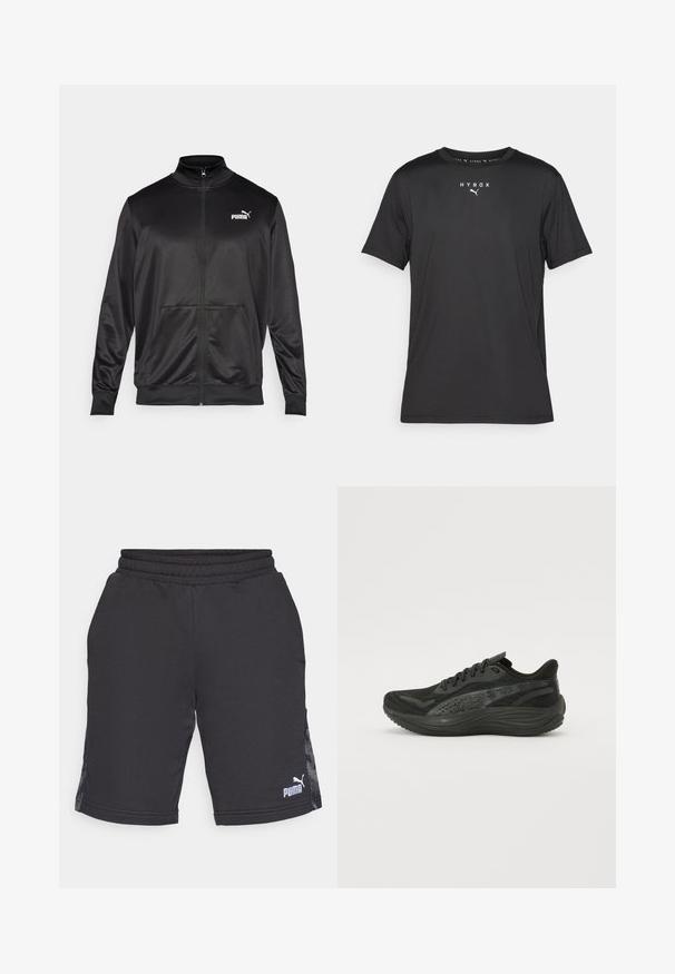 Fekete, sima, fényes anyagból készült, cipzáros dzseki. Magas gallérral, két elülső zsebbel és fehér Puma logóval rendelkezik a bal mellrészen.; Fekete, rövid ujjú sportpóló könnyű anyagból. Kerek nyakkivágással és elöl nyomtatott "HYROX" logóval, valamint Puma emblémával rendelkezik.; Fekete sportos rövidnadrág sima anyagból, bordás derékrésszel és oldalpanellel, amely finom mintázattal rendelkezik. Puma logó az alsó jobb oldalon.; Fekete sportcipő, texturált hálós felsőrésszel, lapos fűzőkkel és párnázott talppal, finom fényvisszaverő részletekkel.