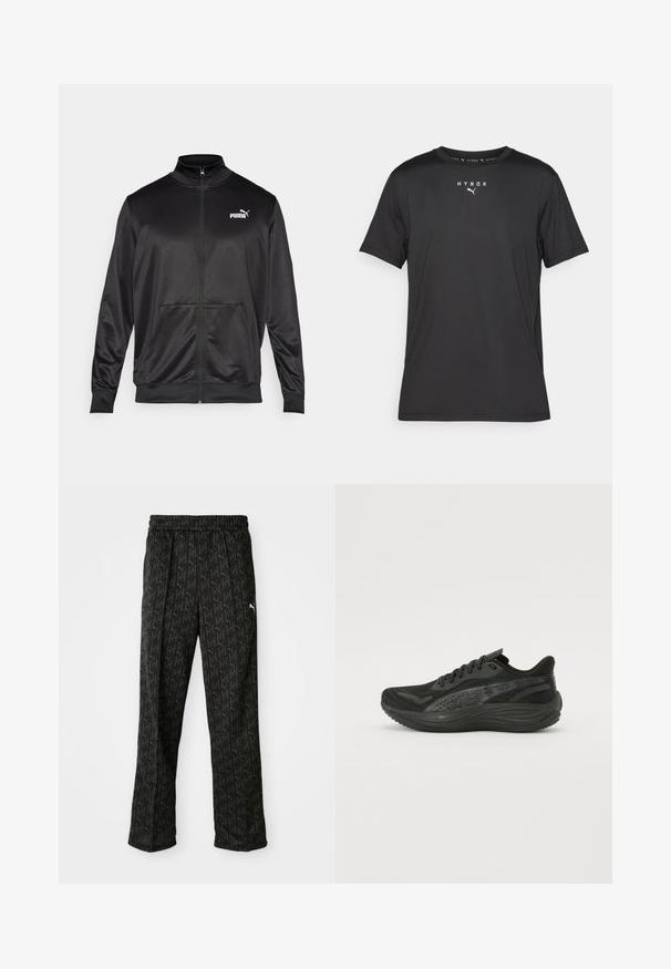 Fekete, sima, fényes anyagból készült, cipzáros dzseki. Magas gallérral, két elülső zsebbel és fehér Puma logóval rendelkezik a bal mellrészen.; Fekete, rövid ujjú sportpóló könnyű anyagból. Kerek nyakkivágással és elöl nyomtatott "HYROX" logóval, valamint Puma emblémával rendelkezik.; Fekete sportnadrág rugalmas derékpánttal. Sötétszürke, ismétlődő logómintázattal rendelkezik, és fehér logóakkent a csípőnél.; Fekete sportcipő, texturált hálós felsőrésszel, lapos fűzőkkel és párnázott talppal, finom fényvisszaverő részletekkel.