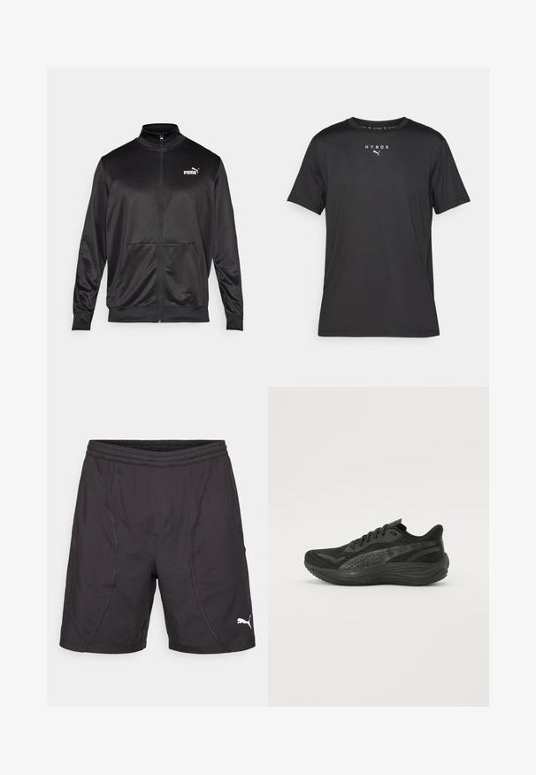 Crna jakna na zip od glatkog, sjajnog materijala. Ima visoki ovratnik, dva prednja džepa i bijeli Puma logo na lijevoj strani grudnog koša.; Crna sportska majica kratkih rukava izrađena od lagane tkanine. Ima okrugli izrez i otisnutu "HYROX" oznaku sa Puma emblemom na prednjoj strani.; Crne atletske kratke hlače od sintetičkog materijala, s elastičnom čičak-trakom u struku, bočnim šavovima i bijelim Puma logotipom na donjem desnom dijelu.; Crne atletske cipele s teksturiranim mrežastim gornjim dijelom, ravnim vezicama i podlogom s mekanom amortizacijom koja sadrži suptilne reflektirajuće detalje.