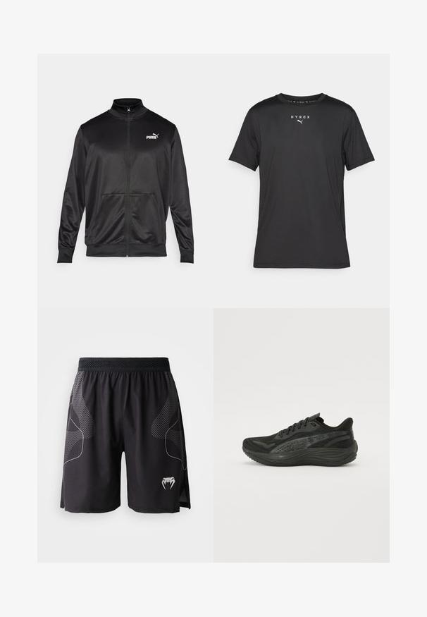 Must läikivast ja siledast kangast must kapuutsiga jakk. Omab kõrget kaelust, kahte esi-taskut ja valget Puma logo vasakul rinnal.; Must t-särk lühikeste varrukatega mustast kergest kangast. Omab ümmargust kaelust ja trükitud "HYROX" logo koos Puma embleemiga ees.; Mustad mustandid spordilühikesed, millel on tekstureeritud külgpaneelid, elastne vöökoht ja valge sakiline mao logo vasakul alajalgadel.; Musternähtud pealistusega mustad sportlikud jalatsid, sirged paelad ja pehmendatud tald, millel on peened peegeldavad aktsendid.
