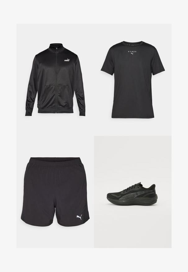 Must läikivast ja siledast kangast must kapuutsiga jakk. Omab kõrget kaelust, kahte esi-taskut ja valget Puma logo vasakul rinnal.; Must t-särk lühikeste varrukatega mustast kergest kangast. Omab ümmargust kaelust ja trükitud "HYROX" logo koos Puma embleemiga ees.; Mustad mustad sportlikud šortsid, mis on valmistatud kergest kangast, venitava vöökohtiga ja vasakule küljele on paigutatud väike valge Puma logo.; Musternähtud pealistusega mustad sportlikud jalatsid, sirged paelad ja pehmendatud tald, millel on peened peegeldavad aktsendid.