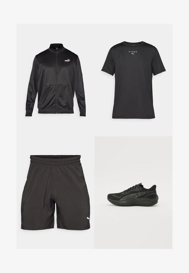 Must läikivast ja siledast kangast must kapuutsiga jakk. Omab kõrget kaelust, kahte esi-taskut ja valget Puma logo vasakul rinnal.; Must t-särk lühikeste varrukatega mustast kergest kangast. Omab ümmargust kaelust ja trükitud "HYROX" logo koos Puma embleemiga ees.; Mustad mustad sport shorts, mis on valmistatud kergest kangast, millel on elastne vöökoht ja väike valge logo vasakul alakul.; Musternähtud pealistusega mustad sportlikud jalatsid, sirged paelad ja pehmendatud tald, millel on peened peegeldavad aktsendid.