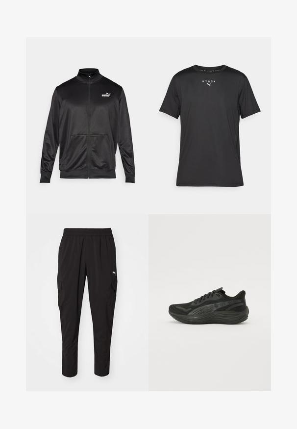 Black zip-up jacket made of smooth, shiny fabric. Features a high collar, two front pockets, and a white Puma logo on the left chest.; Black short-sleeve sports t-shirt made of lightweight fabric. Features a crew neck and printed "HYROX" logo with a Puma emblem on the front.; Black cargo pants with an elastic waistband, featuring side pockets and a sleek, lightweight fabric. Suitable for casual or active wear.; Black athletic shoe with a textured mesh upper, flat laces, and a cushioned sole featuring subtle reflective accents.