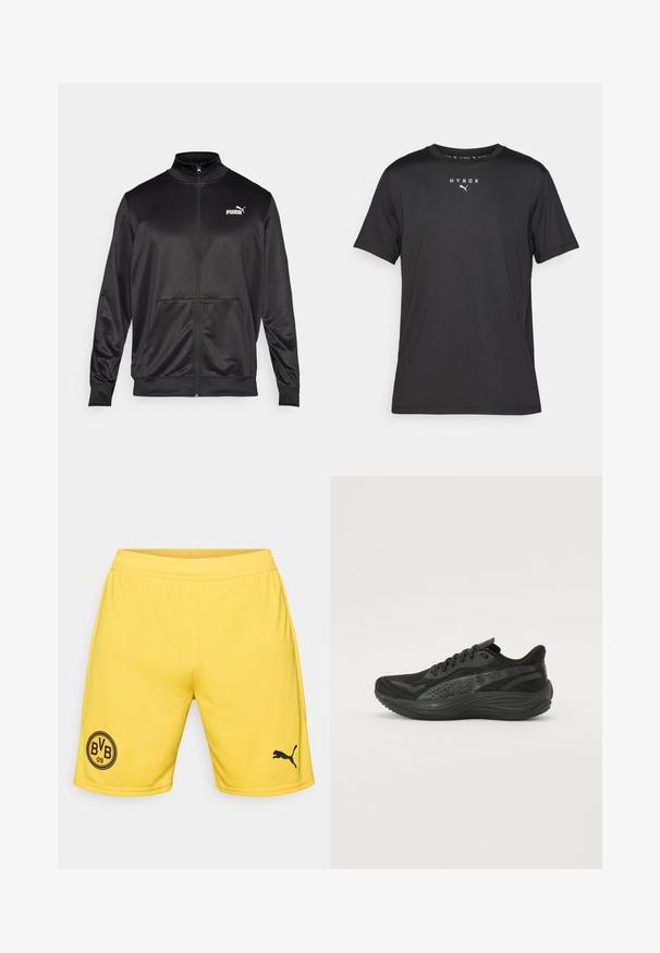 Juodas zip-up švarkas, pagamintas iš lygaus, blizgaus audinio. Turintis aukštą apykaklę, dvi priekinės kišenes ir baltą Puma logotipą kairiajame krūtinės kampe.; Juodas trumpomis rankovėmis sportinis marškinėlis, pagamintas iš lengvos medžiagos. Suapvalintas kaklas ir spausdintas "HYROX" logotipas su Puma emblema priekyje.; Geltoni sportiniai šortai, pagaminti iš lengvos medžiagos, su elastingu juosmuo. Kairėje kojoje yra juodas apvalus logotipas ir juodas 'Puma' logotipas.; Juodos sportinės bateliai su tekstūruotu mezginiu, plokščiomis raištelėmis ir paminkštintu padu, turinčiu subtilius atspindinčius akcentus.