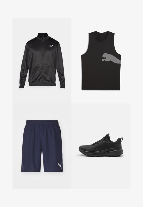 Melnā ar rāvējslēdzēju aizdaram veste, izgatavota no gludas, spīdīgas auduma. Tam ir augsta apkakle, divas priekšējās kabatas un balts Puma logotips kreisajā krūtī.; Melnas bezpiešu sporta tvertne, kas izgatavota no gludas auduma, ar atstarojošu Puma logo gaiši pelēkā krāsā kreisajā pusē.; Jūras spēku sporta šorti, kas izgatavoti no viegla auduma, ar elastīgu jostu un atstarojošu logotipu apakšējā kreisajā pusē.; Melni sporta apavi ar teksturētu tīkla augšdaļu, mīkstinātu apkakli, auklām un gumijas zoli. Iezīmējas ar elegantu dizainu un izturīgu konstrukciju.