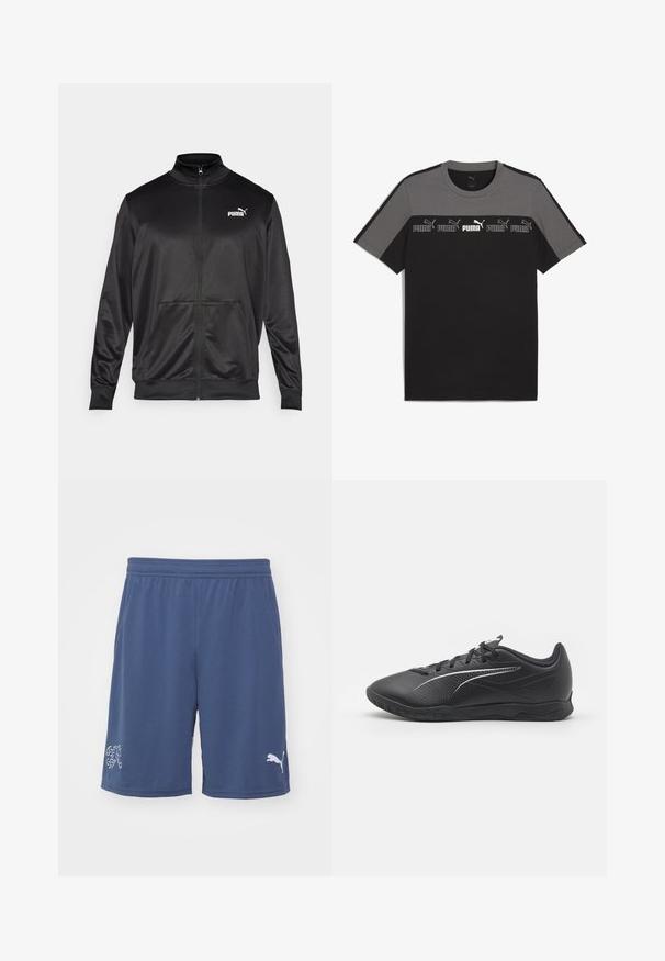Melnā ar rāvējslēdzēju aizdaram veste, izgatavota no gludas, spīdīgas auduma. Tam ir augsta apkakle, divas priekšējās kabatas un balts Puma logotips kreisajā krūtī.; Melna un pelēka īsām piedurknēm T-kreklā ar apaļu kakla izgriezumu, ar atkārtotu balto 'PUMA' logotipu uz krūtīm un gludu kokvilnas tekstūru.; Puma SWITZERLAND SFV REPLICA - Valsts izlases komandas apģērbs - inky blue/white; Melni sporta apavi ar teksturētu augšdaļu, gludām sintētiskām daļām, auklu aizdari un izturīgu gumijas zoli. Iekļauti smalki baltie akcenti.