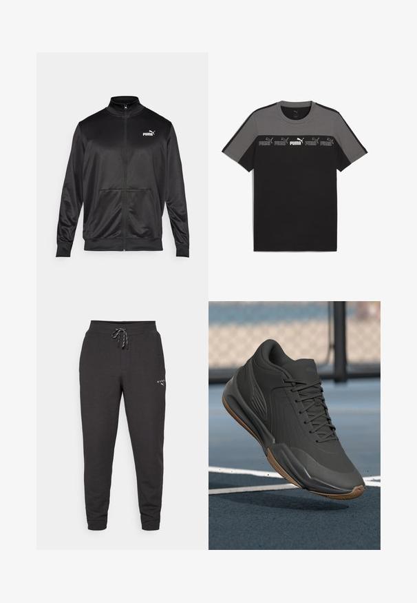 Zwarte jas met rits, gemaakt van een gladde, glanzende stof. Heeft een hoge kraag, twee voorzakken en een wit Puma-logo op de linkerborst.; Zwarte en grijze T-shirt met korte mouwen en een ronde hals, met een herhaald wit 'PUMA' logo op de borst en een zachte katoenen textuur.; Zwarte joggingbroek van zacht materiaal, met een trekkoord in de taille, boorden aan de enkels en een klein logo aan de onderzijde.; Zwarte sportieve schoen met een glad synthetisch bovenwerk, gestructureerde accenten en een gumrubberen zool, ontworpen voor prestaties en comfort.