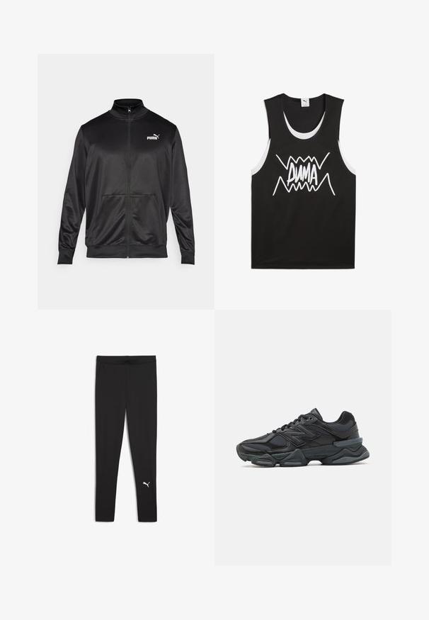 Zwarte jas met rits, gemaakt van een gladde, glanzende stof. Heeft een hoge kraag, twee voorzakken en een wit Puma-logo op de linkerborst.; Zwart mouwloos tanktop met witte accenten, met een gedurfde, gestileerde "PUMA" logo in het midden. Gemaakt van een gaasachtige stof.; Zwarte leggings van rekbare stof, met een brede tailleband en zijzakken. Een wit logo is dichtbij de enkel afgebeeld.; Zwarte hardloopschoen met een mix van mesh en synthetische materialen, een stevige zool, gebogen ontwerp en prominente branding op de zijkant.
