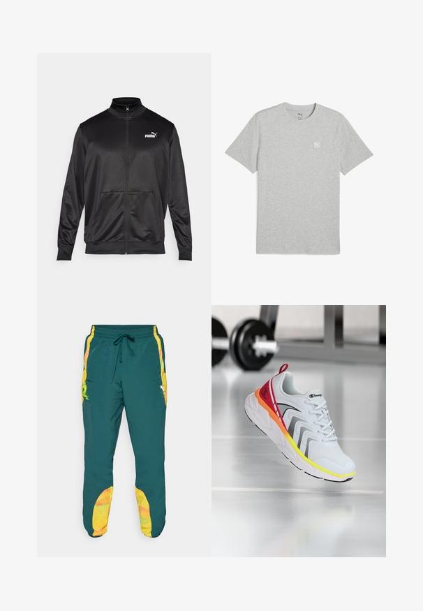 Černá bunda na zip vyrobená z hladké, lesklé látky. Má vysoký límec, dvě přední kapsy a bílé logo Puma na levé straně hrudi.; Šedé bavlněné tričko s kulatým výstřihem, krátkými rukávy a malou bílou nášivkou na levé části hrudi. Hladká textura, jednoduchý design.; Tyrkysové lehké tepláky s páskem na stažení v pase. Obsahují žluté boční panely a akcenty, spolu s multikolorním vzorem na spodní části nohavic.; Bílé atletické boty s síťovaným svrškem, barevnými akcenty v červené, oranžové a žluté barvě, s texturovanou podrážkou a černými detaily.