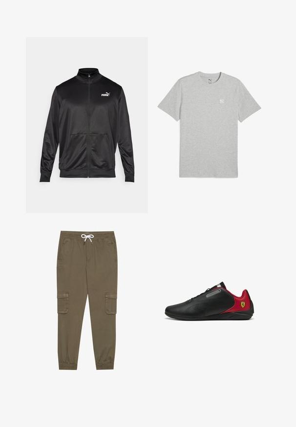 Mustat vetoketjulliset takit, jotka on valmistettu sileästä, kiiltävästä kankaasta. Ominaisuuksiin kuuluvat korkea kaulus, kaksi etutaskua ja valkoinen Puma-logo vasemmassa rinnassa.; Harmaa puuvillainen t-paita, jossa on pyöreä kaula-aukko, lyhyet hihat ja pieni valkoinen logopatch vasemmassa rinnassa. Pehmeä pinta, yksinkertainen muotoilu.; Khaki cargo-housut, joissa on joustava vyötärö ja kiristysnauha, sekä sivutaskut ja lahkeiden resorit. Valmistettu teksturoidusta, kevyestä materiaalista.; Mustat lenkkarit punaisilla yksityiskohdilla, sulavalinjainen muotoilu, puhvelin tekstuuri päällä, varustettuna metallikoristeella ja logolla kantapäässä.