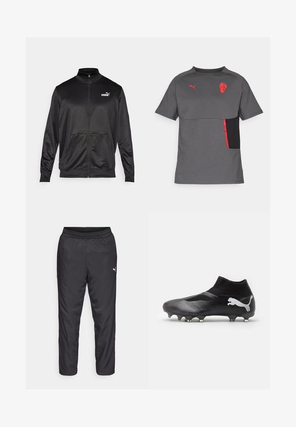 Giacca nera con zip realizzata in tessuto liscio e lucido. Presenta un colletto alto, due tasche frontali e un logo Puma bianco sul lato sinistro del petto.; T-shirt grigio a maniche corte con pannello nero e taschino con zip rossa. Presenta accenti rossi del logo, scollo arrotondato e texture liscia.; Pantaloni sportivi neri realizzati in materiale liscio e leggero. Presentano un elastico in vita e un piccolo logo bianco sul lato sinistro.; Scarpa da calcio nera con una finitura testurizzata, colletto simile a una calza e logo Puma argentato. Presenta tacchetti per una migliore aderenza su superfici erbose.