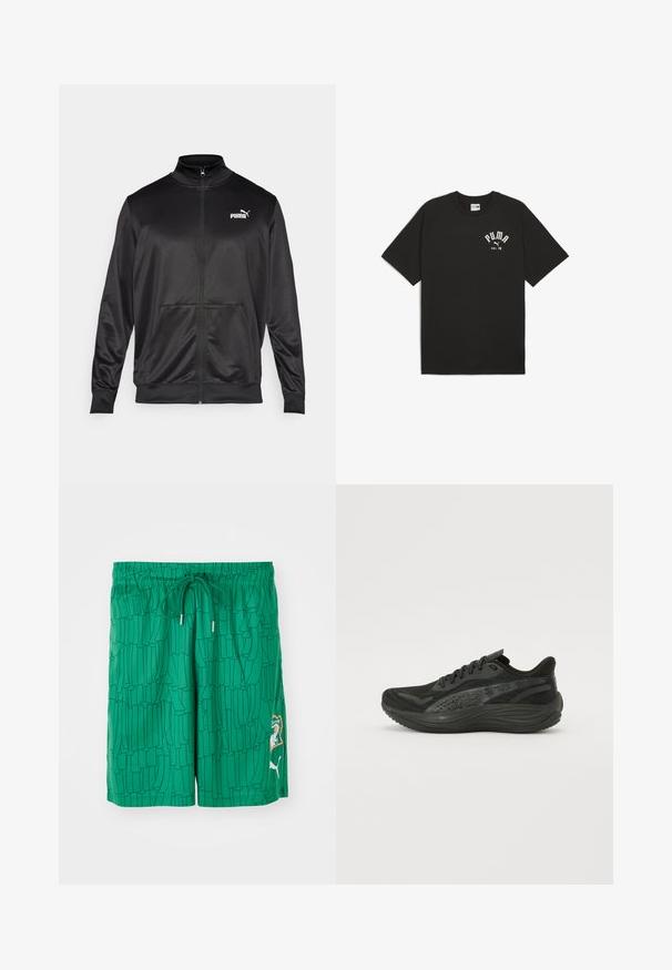 Black zip-up jacket made of smooth, shiny fabric. Features a high collar, two front pockets, and a white Puma logo on the left chest.; Black cotton t-shirt with short raglan sleeves. Front features white "PUMA" logo and "est. 48" text. Classic, relaxed fit.; Green swim shorts with a textured pattern, elastic waistband, and drawstring. Features a logo patch on the side and contrasting trim details.; Black athletic shoe with a textured mesh upper, flat laces, and a cushioned sole featuring subtle reflective accents.
