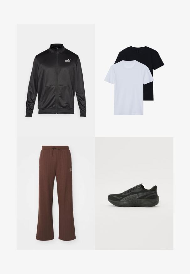 Schwarze Zip-Jacke aus glattem, glänzendem Stoff. Merkmale sind ein hoher Kragen, zwei Fronttaschen und ein weißes Puma-Logo auf der linken Brust.; Zwei kurzärmelige Rundhals-T-Shirts, eines schwarz und eines weiß, aus weichem Baumwollmaterial mit einer gerippten Textur. Klassische Passform.; Puma RELAXED TRACK PANTS - Jogginghose - espresso brown; Schwarzer Sportschuh mit Obermaterial aus strukturiertem Mesh, flachen Schnürsenkeln und einer gepolsterten Sohle mit dezenten reflektierenden Akzenten.