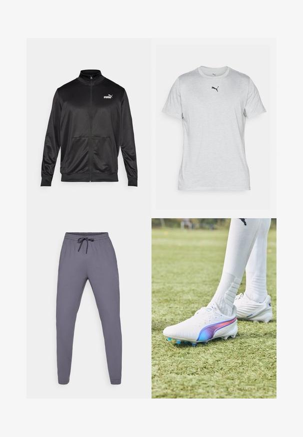 Black zip-up jacket made of smooth, shiny fabric. Features a high collar, two front pockets, and a white Puma logo on the left chest.; Gray short-sleeve T-shirt made of soft fabric, featuring a round neckline and a small black Puma logo on the chest.; Gray athletic pants with an elastic waistband and drawstring. Smooth texture, tapered leg design, featuring a small logo on the side.; White soccer cleats with a gradient purple-blue stripe, featuring a sleek design, textured upper, and contrasting blue studs on grass.
