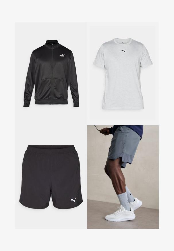 Jachetă neagră cu fermoar, made dintr-un material neted, lucios. Dispune de un guler înalt, două buzunare frontale și un logo alb Puma pe pieptul stâng.; Tricou gri cu mânecă scurtă dintr-un material moale, având un decolteu rotund și un mic logo negru Puma pe piept.; Pantaloni scurți sport negri, confecționați dintr-un material ușor, cu un elastic la talie și un mic logo alb Puma pe partea stângă.; Încălțăminte sport albă cu partea superioară din plasă texturată, asociată cu șosete ribbate de culoare bleu deschis care au un logo. Şorturi sportive gri cu margine perforată.
