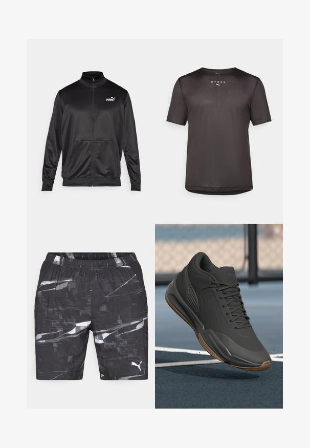 Čierna zipsová bunda vyrobená z hladkej, lesklej textílie. Má vysoký golier, dve predné vrecká a biele logo Puma na ľavej hrudi.; Čierne krátkorpáskové atletické tričko vyrobené z textúrovanej sieťoviny. Má okrúhly výstrih a vytlačené logo "HYROX" na prednej strane.; Čierne šortky s geometrickým bielym a šedým abstraktným vzorom. Elastický pás s dvoma bočnými vreckami a malým logom na ľavom stehne.; Čierne športové topánky s hladkým syntetickým zvrškom, textúrovanými akcentmi a gumovou podrážkou, navrhnuté pre výkon a komfort.